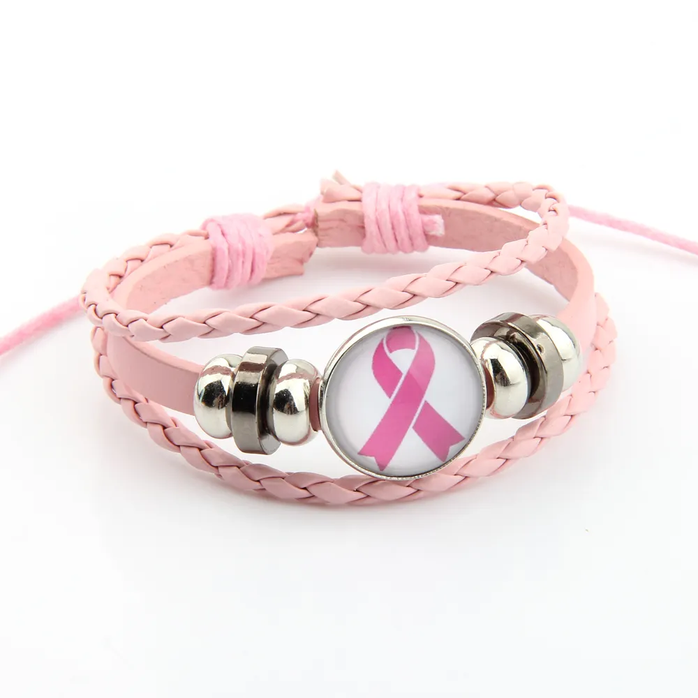 Handmade Braided Personalized Custom Pink Ribbon Charm Bracelet Breast Cancer Awareness Bracelets