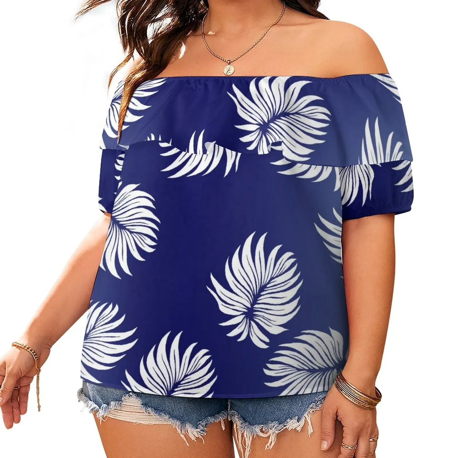 wholesale high quality chiffon shirt women plus size ruffle puff sleeves tops hawaiian monstera leaf navy blue chiffon blouse