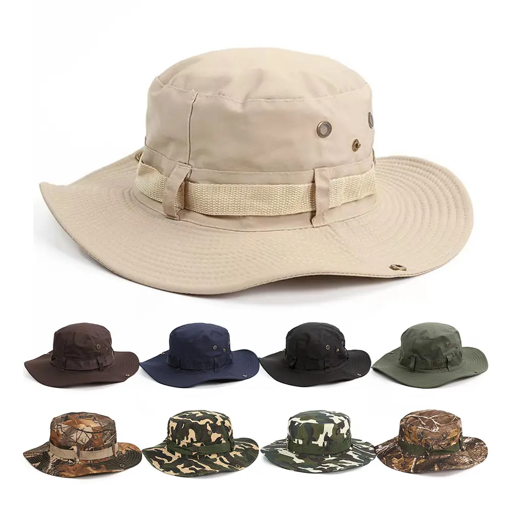 Boonie Camo Safari da pesca per l'escursionismo cappelli a secchiello personalizzati a tesa larga Unisex in bianco cappello a secchiello da pescatore con spago