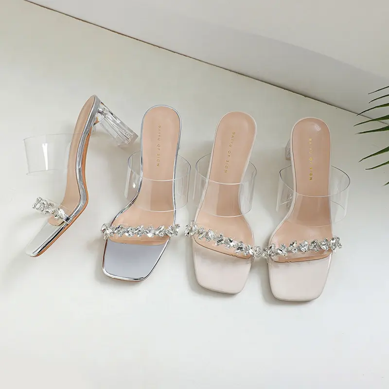 Diamantes de imitación con Sandalias de tacón alto para mujer 2023 nuevas sandalias de moda tacón grueso Cabeza Cuadrada zapatos transparentes con correa de viaje