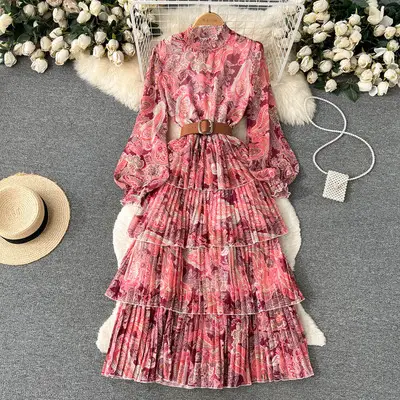 Vestido de gasa de manga larga con cuello levantado, vestido de una talla con estampado de volantes, swing grande, manga acampanada, para primavera