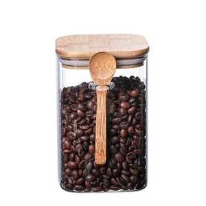可堆叠的透明食品调味容器方形玻璃罐，带竹盖勺子 - Product Image 6