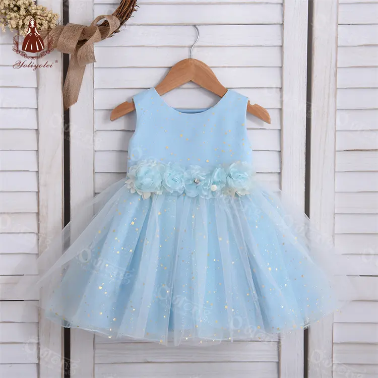 Vestido infantil para recién nacidos, tul esponjoso liso azul, vestidos de flores para niños, juegos de vestir de princesa directos de fábrica para niñas/