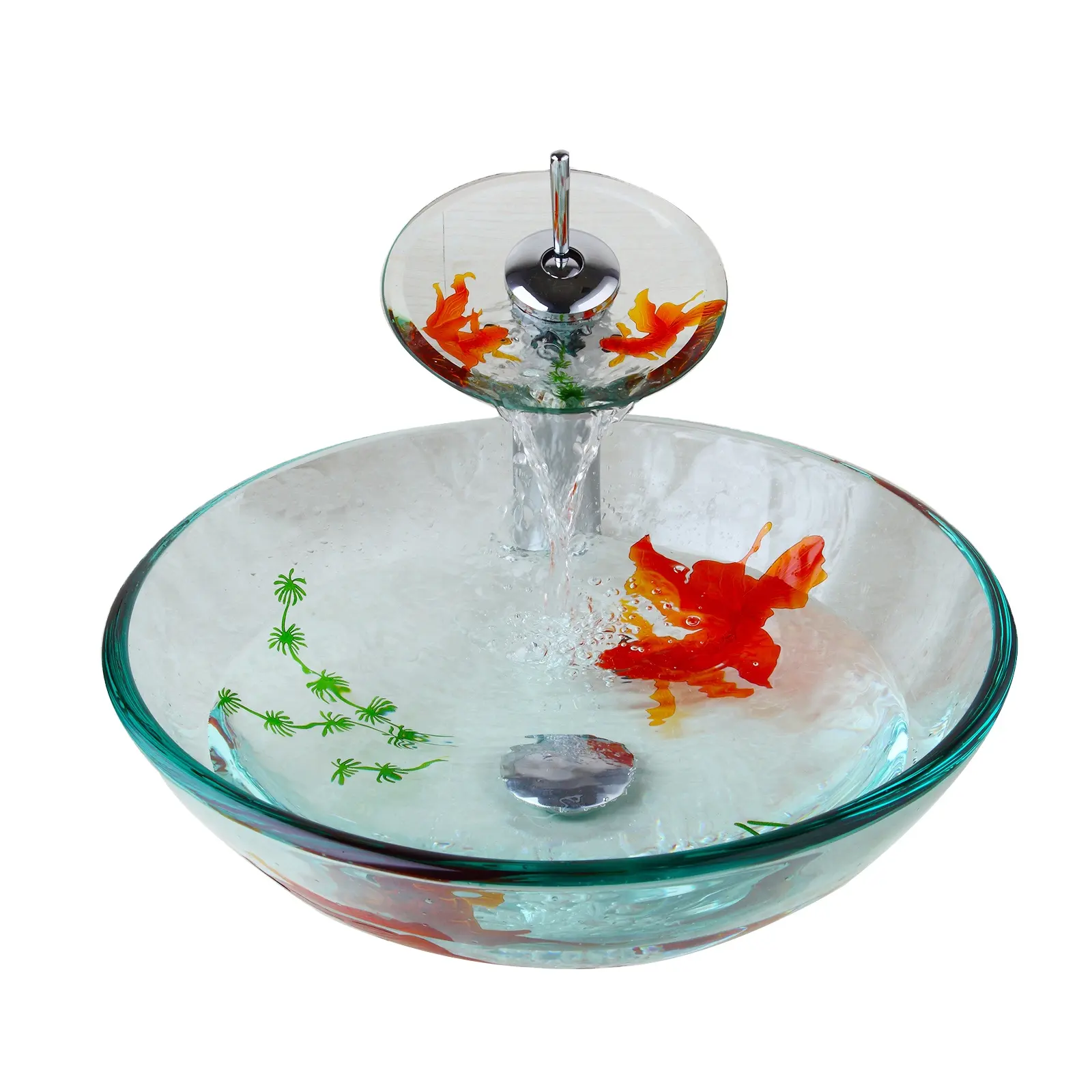 Évier en verre + cascade, poisson rouge, rond, peinture à la main, bol de salle de bains en verre + robinets chromés et vidange chromé