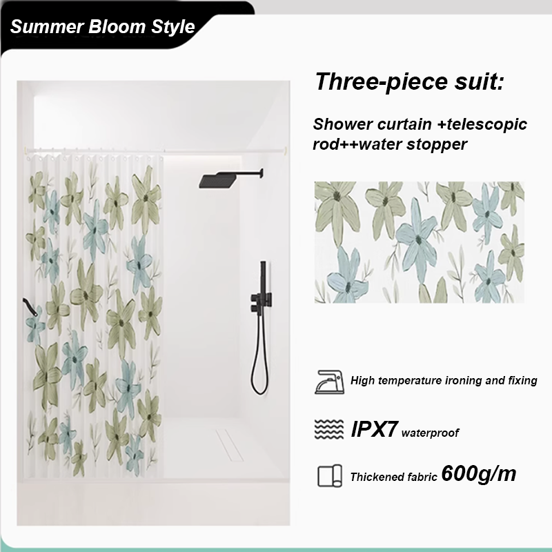 Summer Bloom-shower curtain+Telescopic rod-water retaining bar