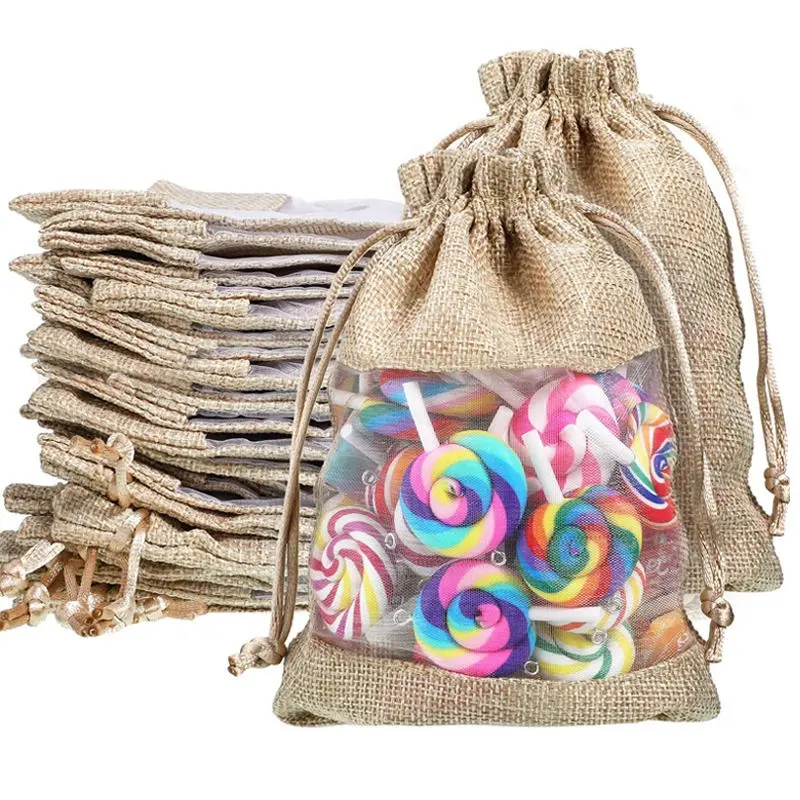 Bolsas de lino con cordón, embalaje ecológico y personalizado, con ventana transparente, regalo de arpillera, cáñamo, joyería, saco de yute