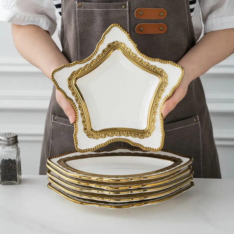 Retro altın kaplama akşam yemeği plaka seti beyaz seramik tabak 6 adet yeni beş köşeli yıldız Vintage yemek seti