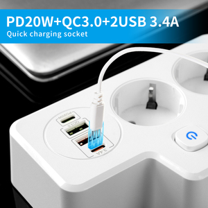 Interruptor de tira de alimentación de la UE de 3250W y cable de alimentación de toma de corriente con 2 enchufes de CA DE LA UE PD20W + QC3.0 + 1C1A e interruptor de control independiente - Product Image 5