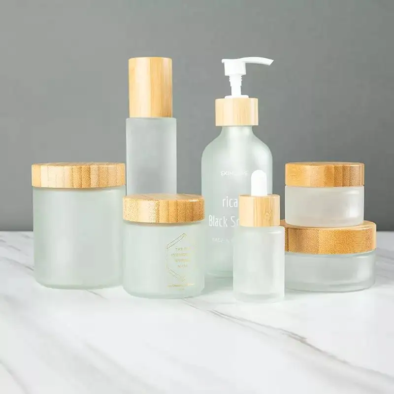 8oz 250ml Luxus Kosmetik Verpackung Hautpflege Set Glas Creme Glas mit Bambus deckel Bambus Pump flasche