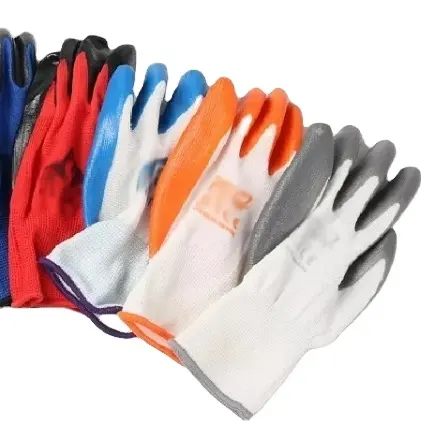 Niedriger Preis Polyester Shell Konstruktion Sicherheit Nitril handschuhe, dünne Handfläche