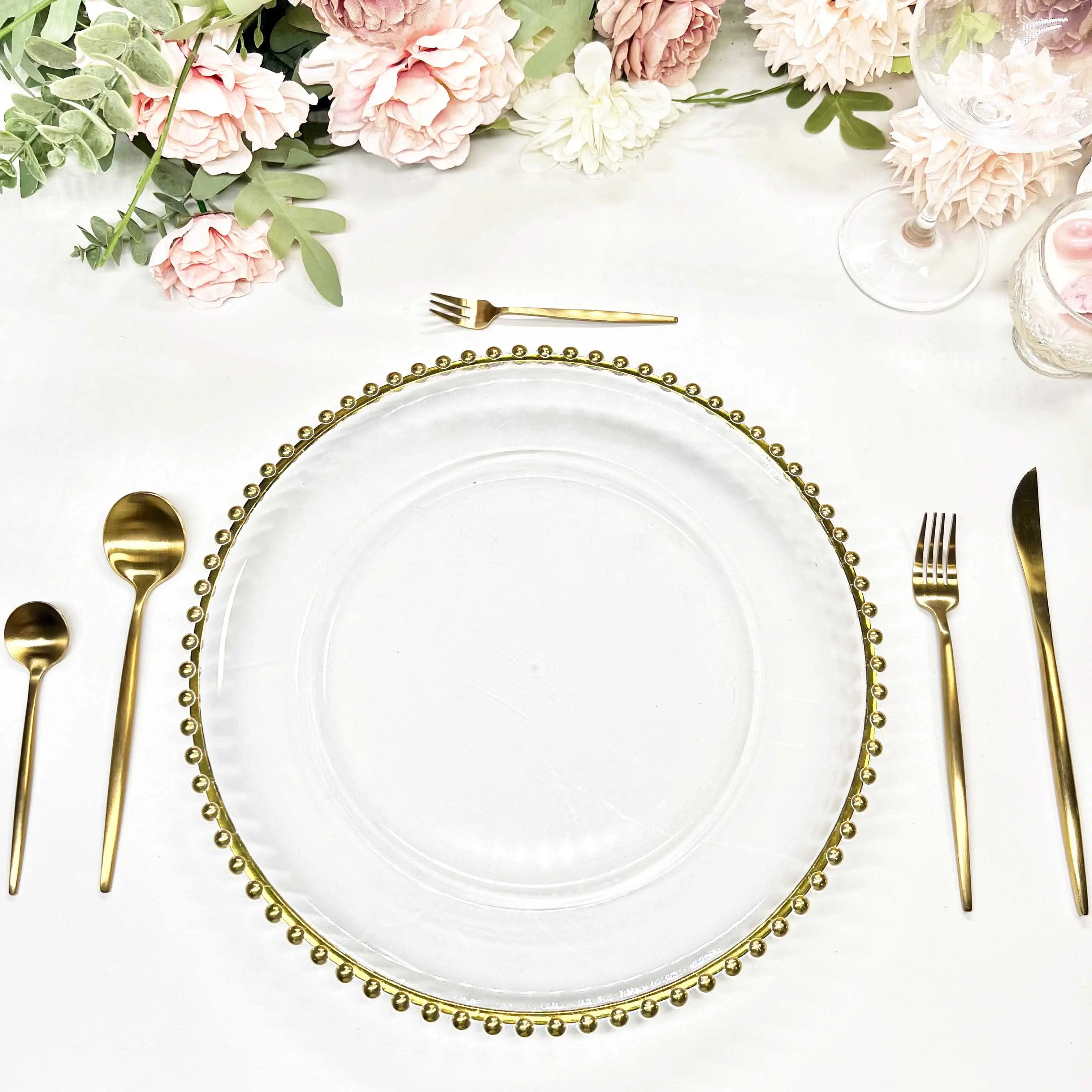 จานพลาสติกลูกปัดสีทอง13นิ้วสำหรับงานแต่งงานดีไซน์ทันสมัย