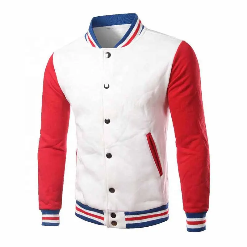 La temporada de invierno de moda en blanco al por mayor en blanco Varsity chaquetas Collar acanalado sólido liso deportes chaqueta.