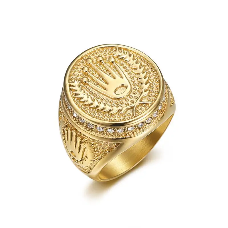 Hip Hop Punk Rock PVD Gold Plated Crown Design Jewelry Vintage Stainless Steel Finger Ring For Man