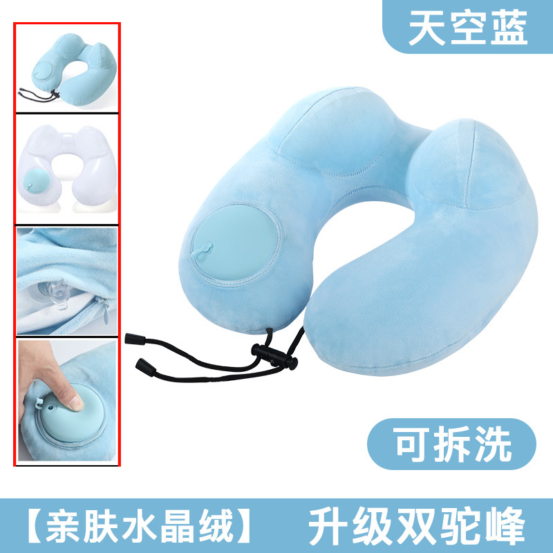 Single Sky Blue Camel Hump Inflatable Travel Pillow
