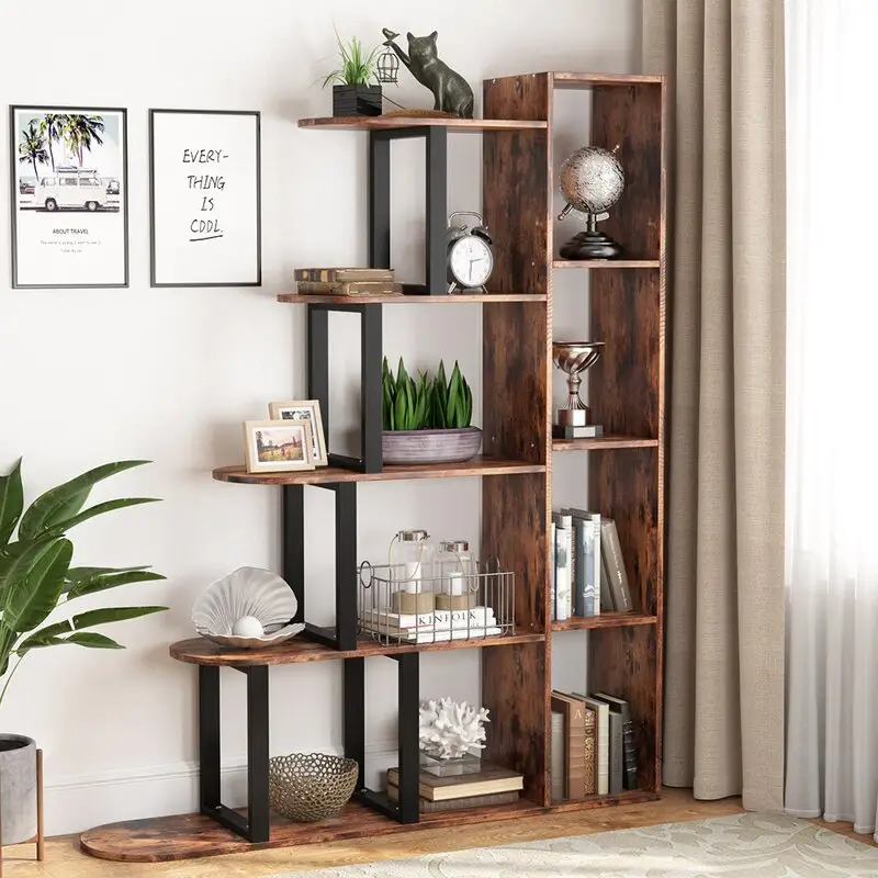 American Style Library Bookshelf Wooden Bookcase Design Book Shelf Rack Angle Steel Ancient Antique Bookshelves With Ladder