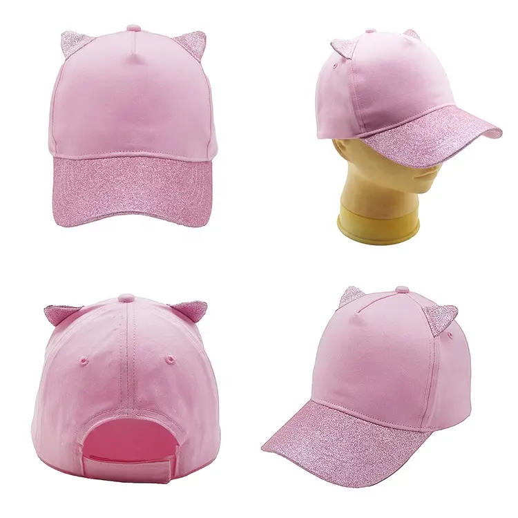 Hete Verkoop Schattige Kat Oor Iriserende Verstelbare Hoed Pet Custom Logo Honkbal Roze Meisjes Caps Zomer Outdoor Sport Groothandel