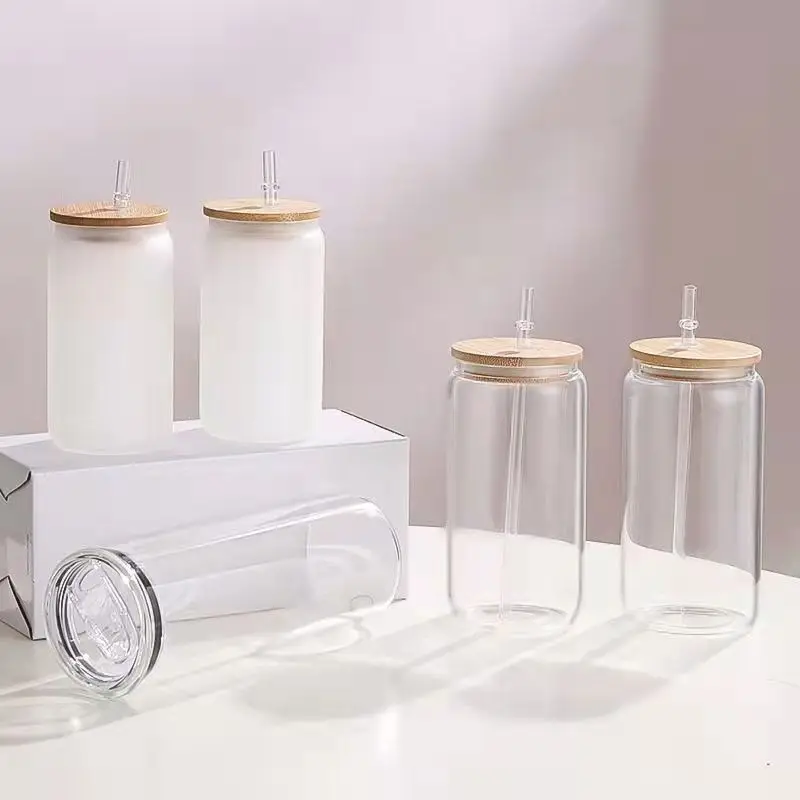 16oz sublimation thermique couvercle en bambou bouteille en verre transparent givré dégradé transfert imprimé verre paille tasse