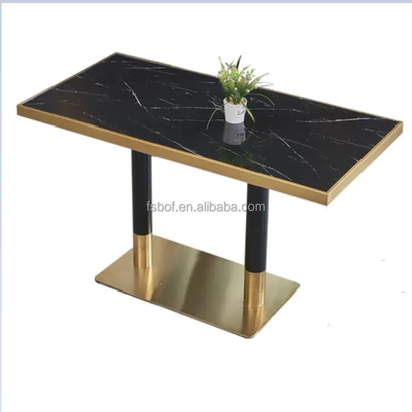 Mesa de comedor de mármol de acero inoxidable para restaurante comercial, mesa de comedor de pizarra dorada SS para cafetería, bar, bistro, tienda de hamburguesas