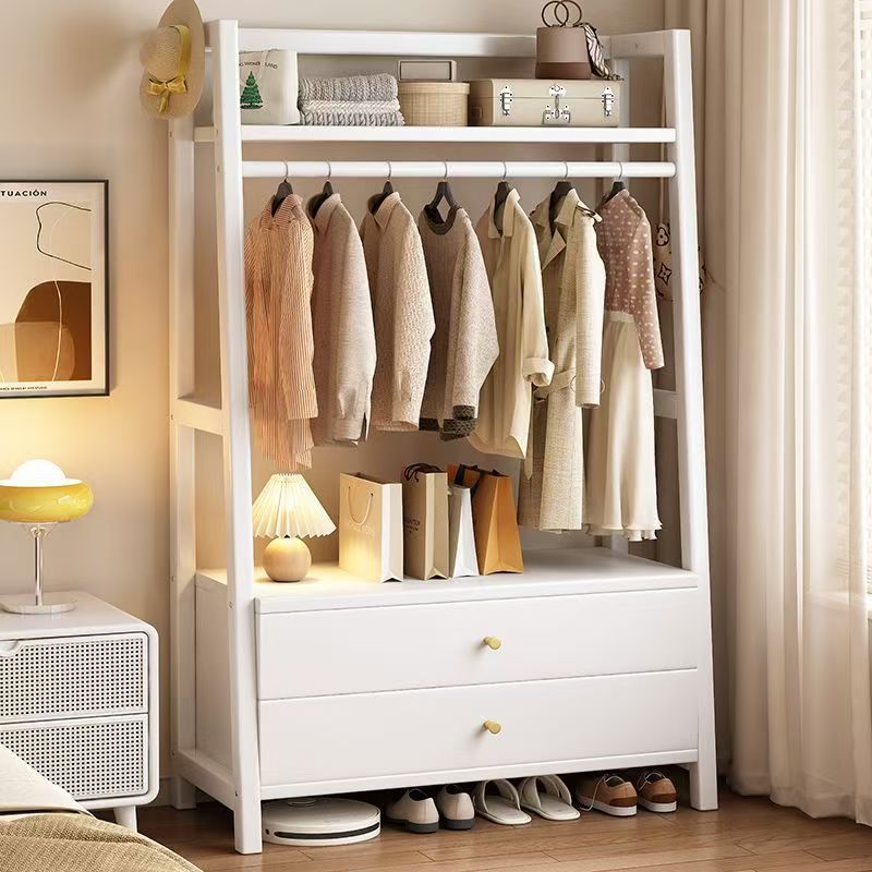 Ivory White Solid Wood Double Drawer Coat Rack