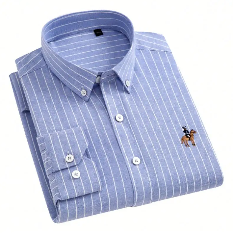 Camisa de algodón personalizada para hombre, camisa de manga larga a rayas de tela Oxford, de alta calidad, ODM