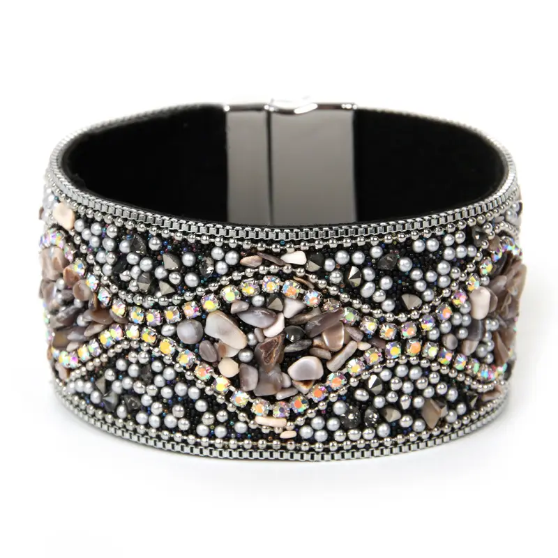 Großhandel Mode Böhmen Natur kristall Chips Breite Leder Manschette Armbänder Sparkly Perlen Magnets chnalle Frauen Armband Armreif