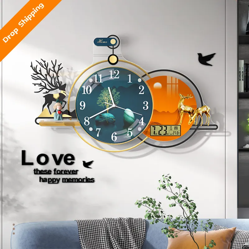 Wal-relojes de estilo europeo y americano para decoración de sala de estar, reloj de lujo con luz, de arte acrílico de Metal, venta al por mayor