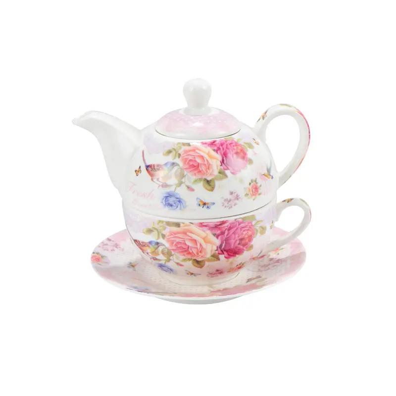 Bule de chá europeu pastoral, rosa de cerâmica, flores, copo e molhador