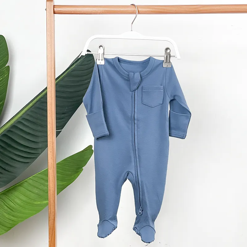 Etiqueta privada Unisex Baby Onesie Manga larga Cremallera bidireccional 100% Algodón Antideslizante Footie Romper para primavera