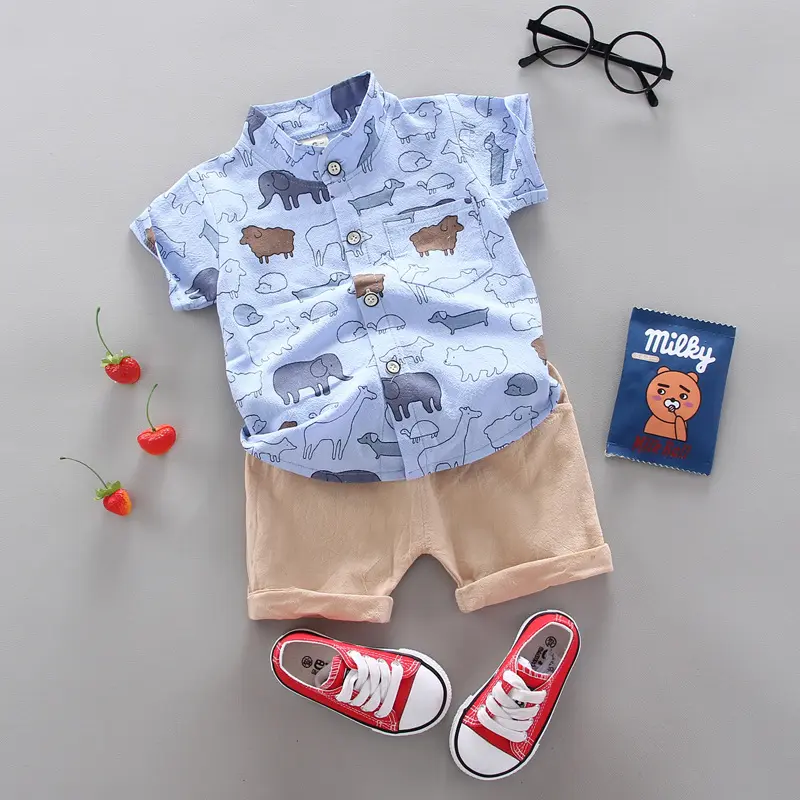 Pasgeboren Zomer Katoenen Bedrukt Shirt Baby 0-4 Jaar Oude Jongen Mode Korte Mouwen Tops Baby Kleding Sets