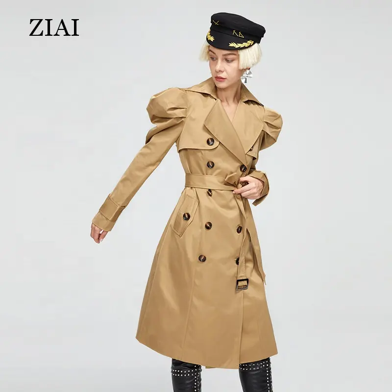 Trench-Coat élégant mi-long pour femme, nouvelle mode, manteau Long croisé à épaule, manches bouffantes, personnalisé, vente en gros