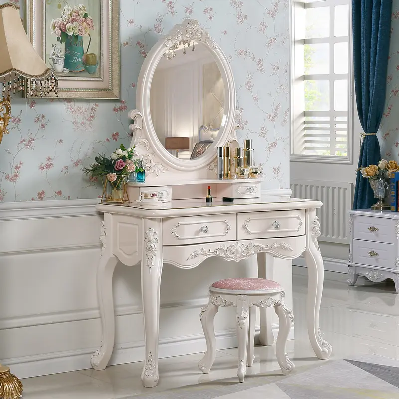 Mesita de noche de madera con espejo, mueble clásico de lujo para dormitorio