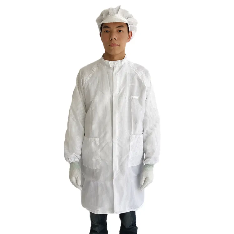Bata de laboratorio antiestática ESD, de 5mm con raya, cremallera y cuello levantado, ropa de seguridad