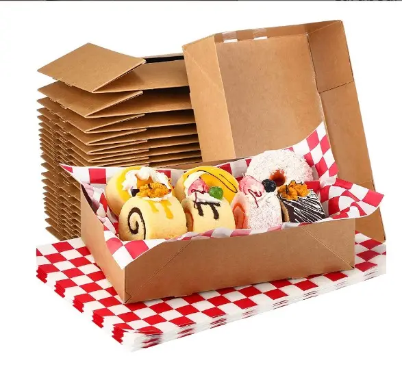 Bandeja de papel Kraft para comida, caja de cartón plegable desechable a prueba de grasa, color marrón, 4 esquinas