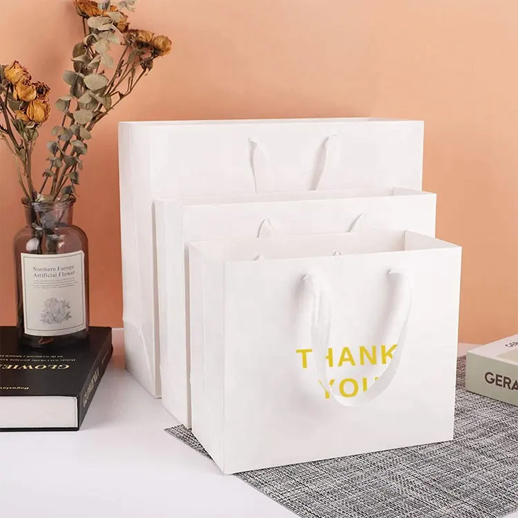 Logotipo personalizado impresso luxo mercadoria papelão branco papel sacos e caixa para vestuário jóias embalagens com alças
