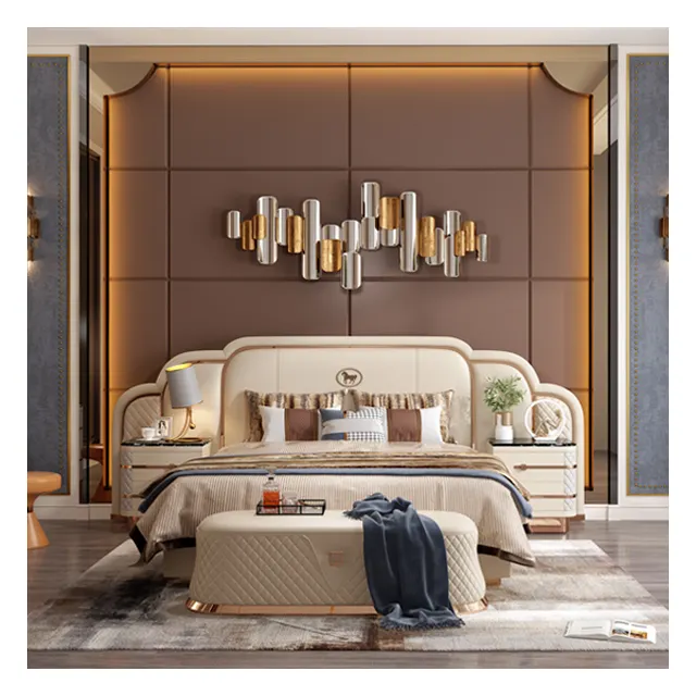 Cama de lujo posmoderna italiana, decoración de oro rosa, pantalla grande, bolsa suave, dormitorio, cama doble de cuero genuino, habitación modelo