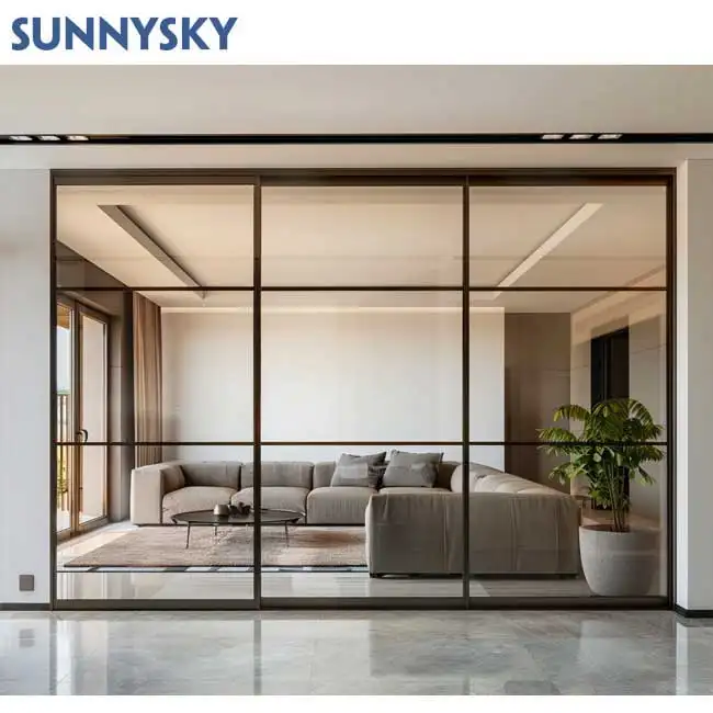 Sunnysky новый дизайн водонепроницаемый алюминиевый сплав три дорожки узкие раздвижные стеклянные двери тонкий каркас Роскошные раздвижные двери