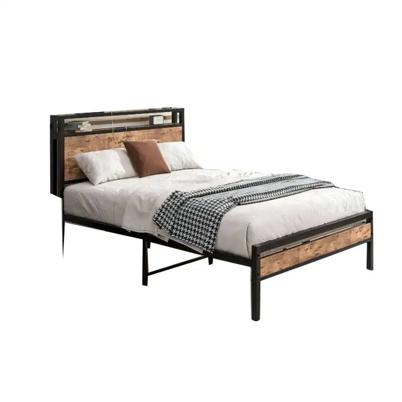 Gran oferta, cama con marco de hierro de madera y acero forjado doble, cama de dormitorio minimalista moderna de hierro audaz y grueso de 1,35 M