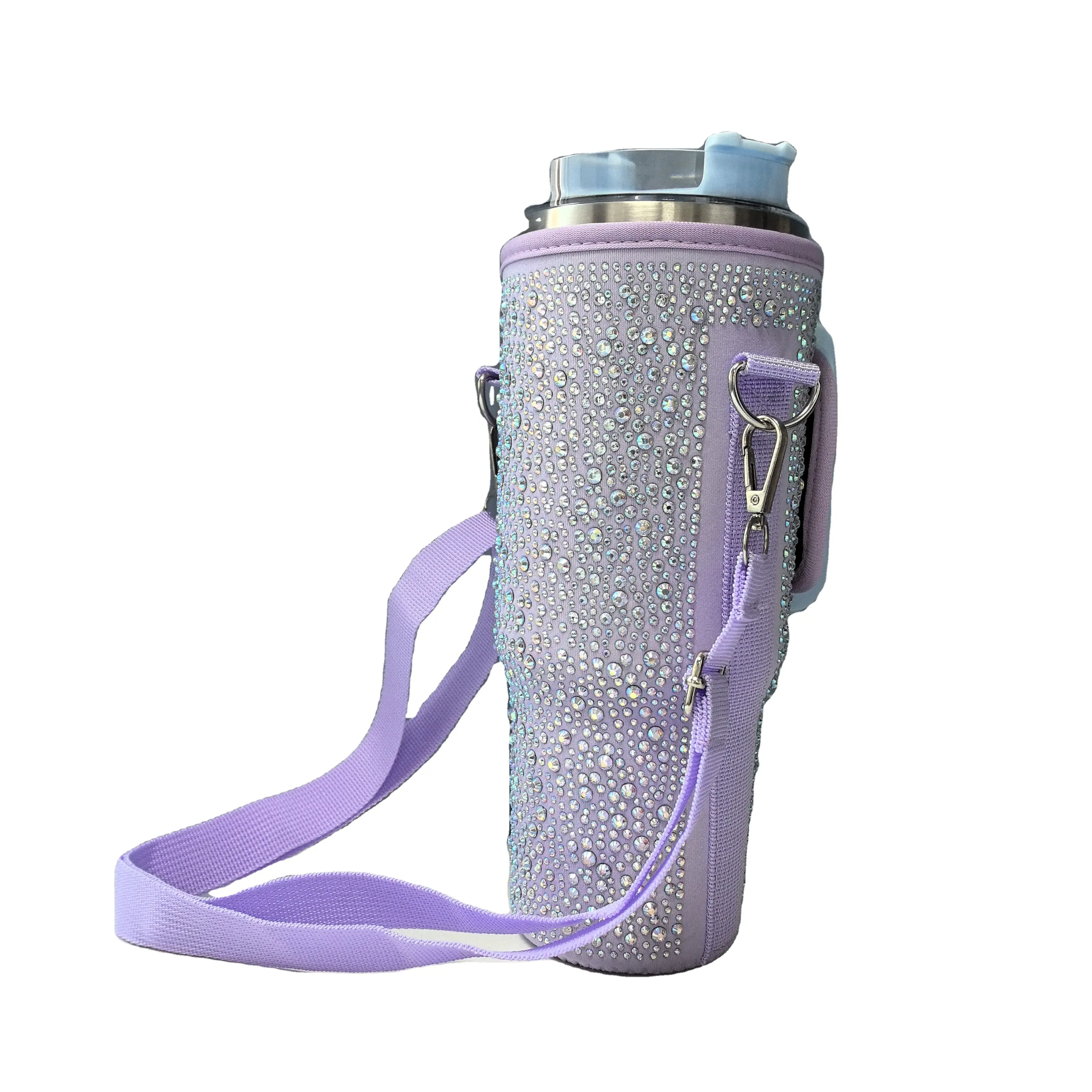 Hot 2024 Tumbler Pouch Carrier 40 Oz Women Crystal Bling Neoprene Insulated Thermal Water Bottle Sleeve Cover With Strap