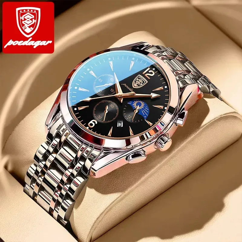 POEDAGAR orologi da uomo nuova moda in acciaio inossidabile data impermeabile luminoso Top Brand Luxury versione coreana da uomo per orologio al quarzo