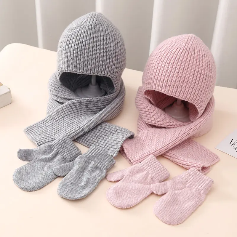 Kış bebek düz renk eşarp kulak koruyucu örme bere şapka ve eldivenler çocuklar için 3 adet Set