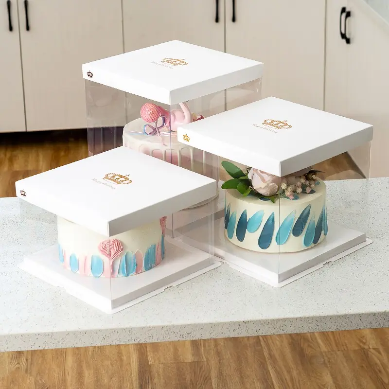 Caixa de bolo transparente alta, caixa de bolo com placa de bolo