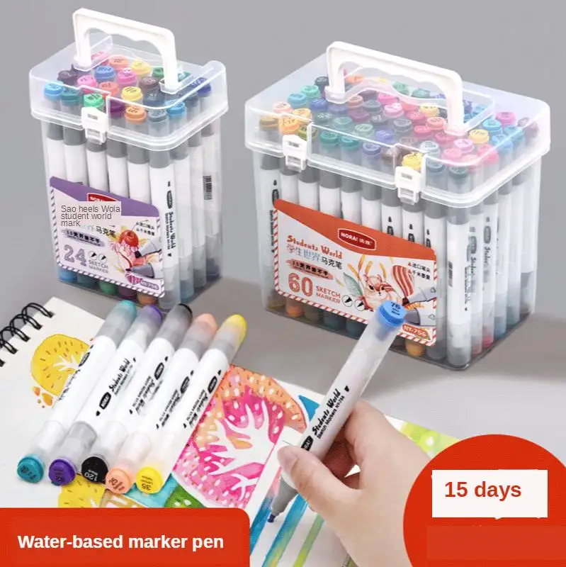 Pena Spidol Warna Nib Ganda Pelajar Set Kotak Pena Lukis Multiwarna Spidol Cat Air Kertas Plastik Seni Spidol Serat Nib 756