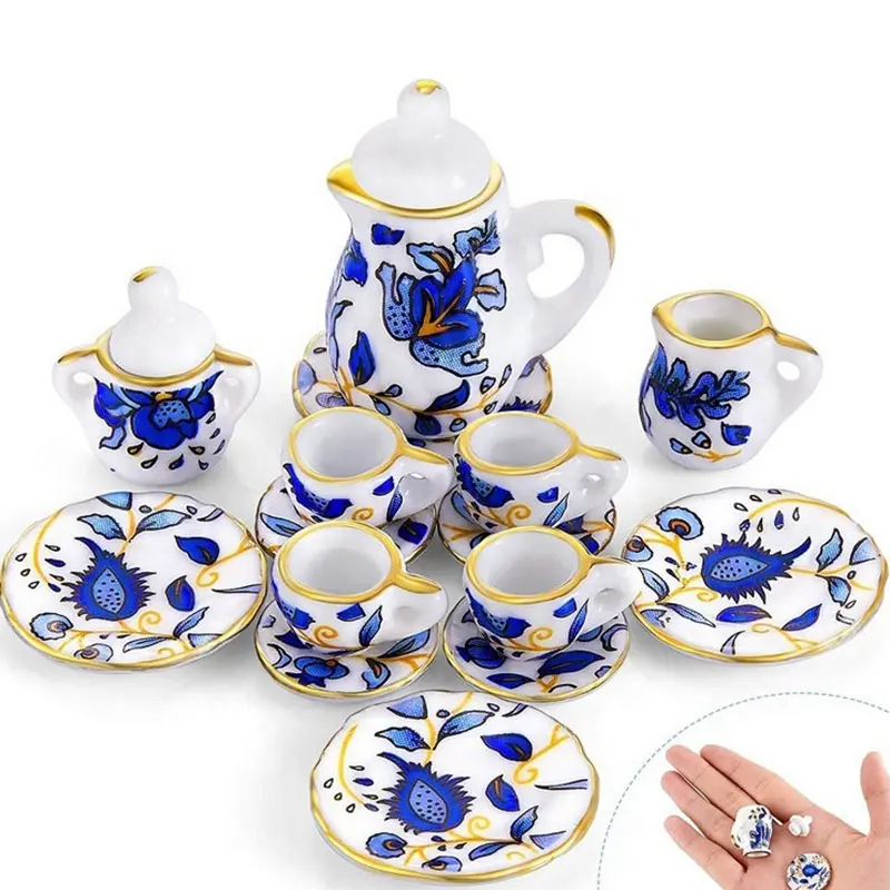 Nhà búp bê màu xanh và trắng mini Tea Set Miniature sứ Tea Cup Set chintz hoa Bộ đồ ăn nhà bếp Dollhouse đồ nội thất đồ chơi