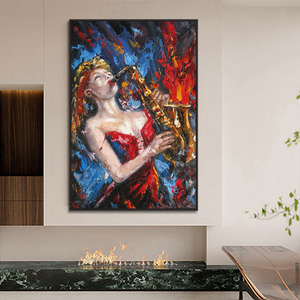 لوحة فنية جدارية بشكل امرأة مرسومة باليد على قماش الأكريليك على شكل آلة موسيقية تناسب غرفة المعيشة - Product Image 5