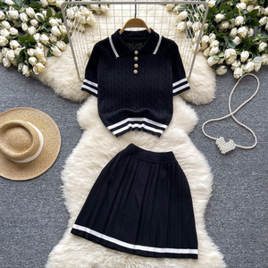 ハイウエストプリーツスカートストライプニットマッチドレス付きブラウス女性2ピース服