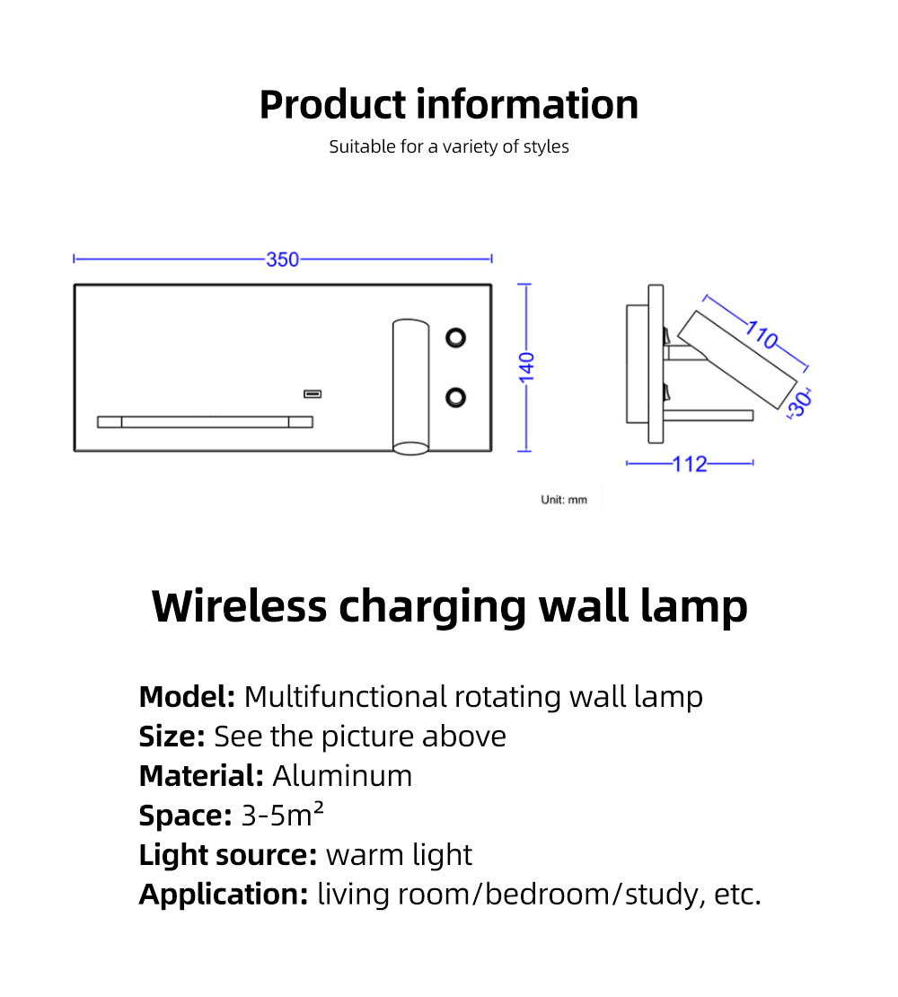 Wireless Charger Wall Light USB Back Lighting Wall Lamp Industrial lamp Loft 90-260V Bedside Reading Charging Book Lamp