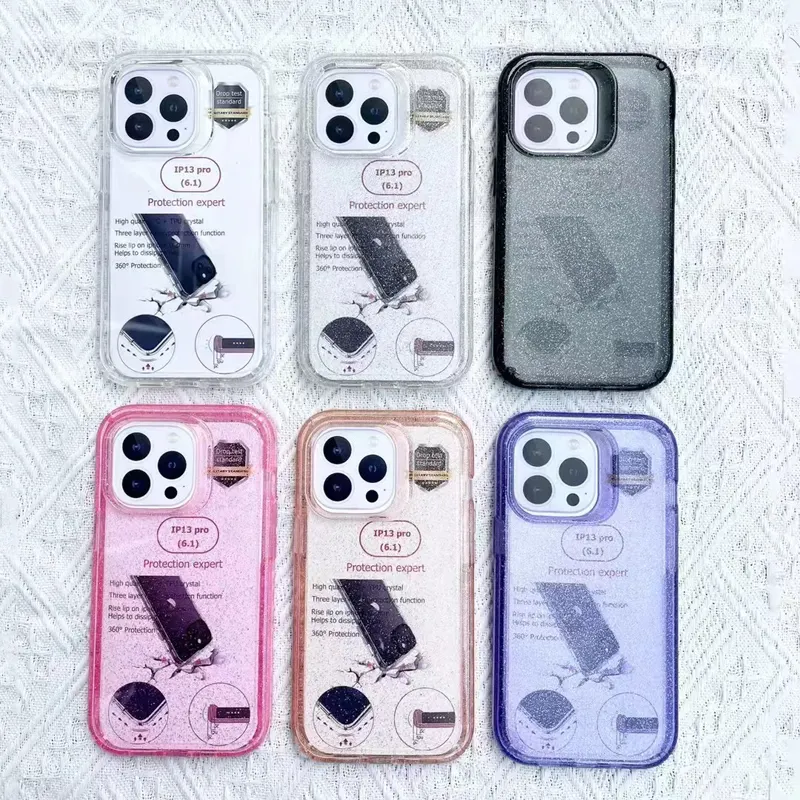 Transparante Glitter Drie Layer Heavy Duty Shockproof Hard Plastic Bumper Silicone Rubber Beschermhoes Voor Iphone 13 Pro Max