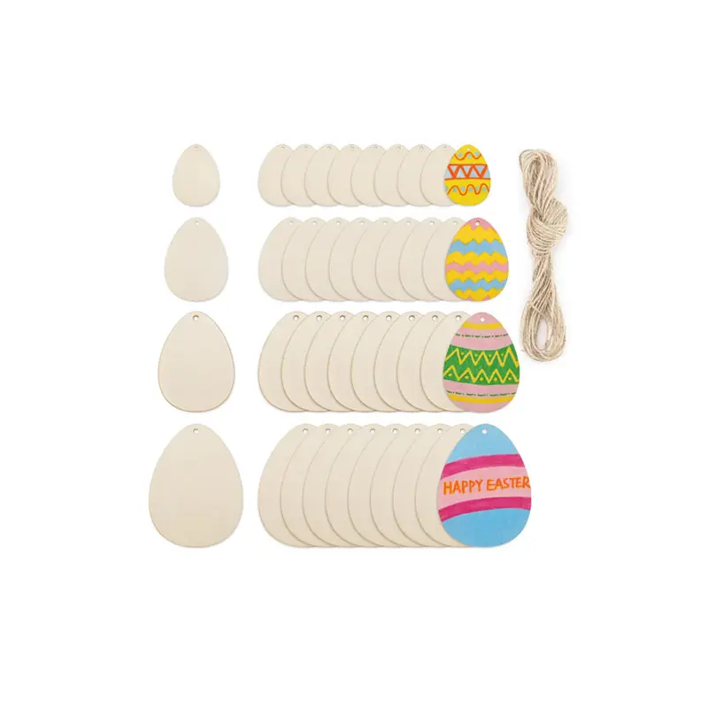 Venta al por mayor personalizado Pascua primavera 40 piezas huevo de Pascua adornos de madera sin terminar huevo de Pascua recortes de madera con cuerda de cáñamo