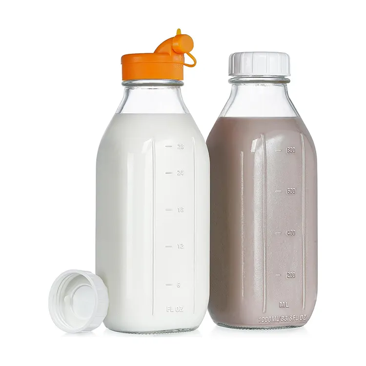Vintage grande capacità di alta qualità 1000ml chiaro quadrato per alimenti vuoto contenitore di vetro bottiglia di latte con coperchio in plastica