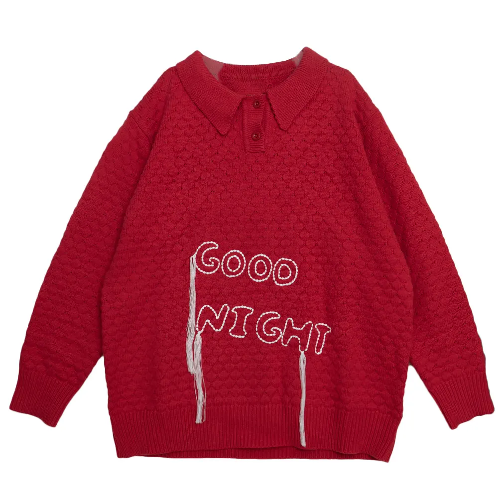 Maglione Pullover rosso da donna a maniche lunghe con lettere Jacquard nappine 2024 primavera nuovo maglione lavorato a maglia Non sbiadito Design originale